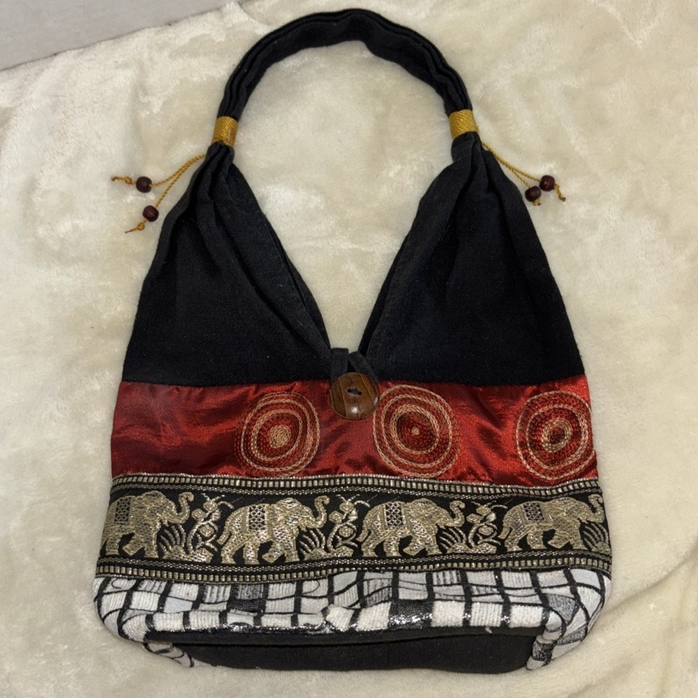 BLACK CLOTH MINI BAG RED SATIN METALLIC AND COTTON WITH ELEPHANT DESIGN